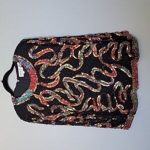 Black Tie Silk Glam beaded and sequin long sleeve top large by He-ro industries